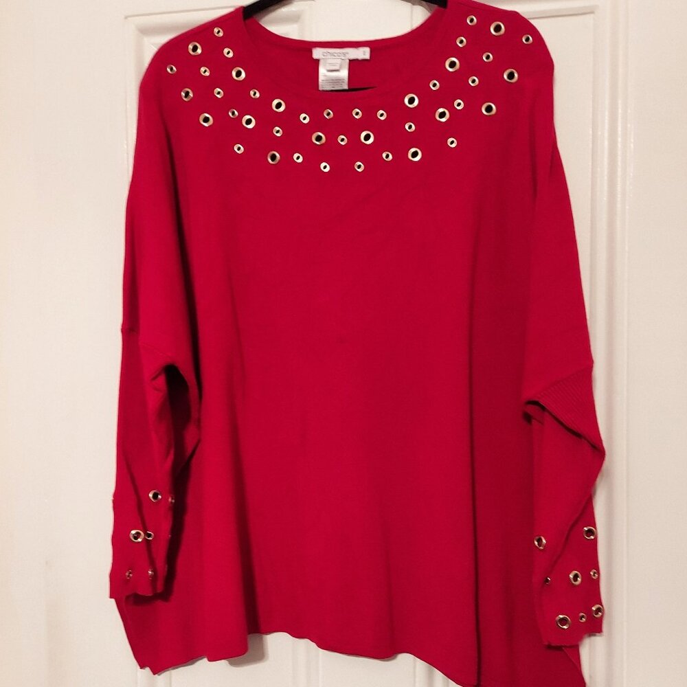 Chico's Red Poncho Style Long Sleeve Sweater w/ Gold Tone Grommets size S/M